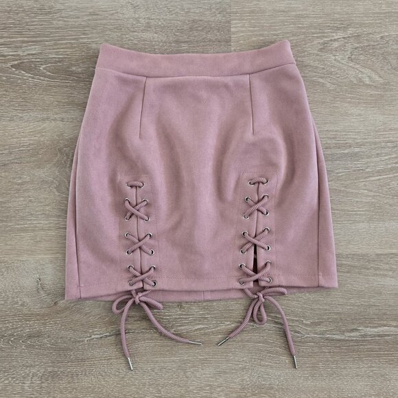 Mini Skirt High-Waist Small Faux Suede Bodycon Sexy Lace-Up Criss Cross Split - Picture 1 of 14